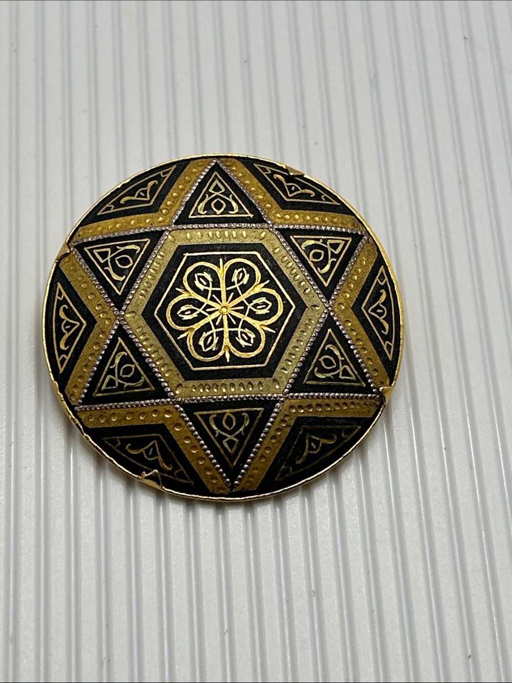 Vintage Damascene Black and Gold Geometric Round Brooch